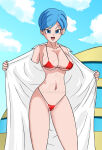 1girl 1girl bikini blue_hair bulma dragon_ball dragon_ball_super earrings jewelry nude red_bikini short_hair swimsuit