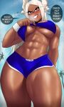 1girl alluring arms athletic_female biceps big_breasts booty_shorts breasts bunny_ears bunny_girl caption cleavage clothed curvy dark-skinned_female dark_skin echosaber eyelashes female_abs high_res legs long_hair looking_at_viewer mirko miruko_(my_hero_academia) muscle muscular_female my_hero_academia non-nude outside presenting red_eyes rumi_usagiyama sexy shirt_lift short_shorts shorts sleeveless slut smile sports_bra standing sweat sweating tan text thick_thighs toned under_boob usagiyama_rumi white_hair wide_hips