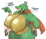 1girl breasts cape chubby claws crown donkey_kong_(series) female_k_rool gats genderswap gigantic_breasts green_eyes hand_on_hip inverted_nipples k_rool kremling nipples open_mouth plump scalie sharp_teeth simple_background standing tail thick_thighs voluptuous wrist_cuffs wristband