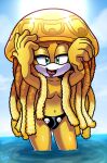  1girl 2016 anthro archie_comics black_bottomwear breasts cnidarian convenient_censoring covered_breasts curvy devilish_ghoul green_eyes jellyfish long_hair looking_at_viewer marine medium_breasts medusozoan navel opal_the_jellyfish open_mouth sega skinny_dipping sonic_the_hedgehog_(archie) sonic_the_hedgehog_(series) tentacle tentacle_hair topless water yellow_body 