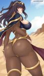  1girl 1girl :o absurd_res alluring ass big_breasts black_cape black_eyes black_hair blue_sky blunt_bangs bodystocking bracelet bridal_gauntlets cape circlet cloud commentary day desert fire_emblem fire_emblem_awakening floating_hair from_behind gold_trim hayato_stuff high_res jewelry long_hair looking_at_viewer milf nintendo outside sand see-through_bridal_gauntlets sidelocks sky tharja tharja_(fire_emblem) two_side_up 