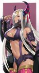  1girl 1girl absurd_res alluring asymmetrical_horns bare_shoulders big_breasts blush cleavage commentary cowboy_shot detached_sleeves dragon_girl fire_emblem fire_emblem_engage grey_hair grey_horns hair_ornament hair_over_one_eye high_res horns long_hair looking_at_viewer mature_female midriff navel nintendo parted_lips pointy_ears purple_eyes purple_ribbon ribbon shou_illust simple_background smile standing stomach tan tassel tassel_hair_ornament thighs uneven_horns very_long_hair zephia_(fire_emblem) 