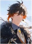  1boy ahoge alternate_costume coat earrings fur-trimmed_coat fur_trim genshin_impact image_sample jewelry looking_at_viewer male male_only nomune pixiv_sample single_earring solo solo_focus winter_clothes zhongli_(genshin_impact) 