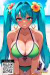  1girl 1girl 1girl ai_generated aqua_eyes aqua_hair bangs bare_shoulders beach big_breasts bikini blue_eyes blue_hair blue_sky blush bracelet breasts clavicle cleavage clothing cloud crossed_bangs day earrings flower green_bikini green_swimsuit grin hair_between_eyes hair_flower hair_ornament hibiscus jewelry leaning_forward long_hair looking_at_viewer miku_hatsune navel ocean outside savitar side-tie_bikini_bottom sky smile swimsuit tan_line thigh_gap tied_hair twin_tails very_long_hair vocaloid water wet 