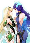 2_girls alluring bare_shoulders big_breasts blonde_hair blue_fire breast_contest breast_press brighid brighid_(xenoblade) center_opening chest_jewel cleavage cleavage_cutout closed_eyes clothing_cutout commentary_request curvy dress earrings elbow_gloves fiery_hair fire gloves high_res jewelry long_hair multiple_girls mythra nayuta-kanata purple_dress purple_hair revision short_dress stockings swept_bangs symmetrical_docking tiara very_long_hair white_dress white_gloves xenoblade_(series) xenoblade_chronicles_2 yellow_eyes