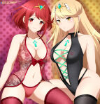 2_girls alluring big_breasts black_lingerie black_panties blonde_hair core_crystal cross_section heroine heroines iharuluna_(artist) lingerie long_hair looking_at_viewer midriff mythra navel negligee nintendo nipples panties pyra red_eyes red_hair red_lingerie red_negligee red_panties see-through see-through_clothing short_hair stockings teddy_(clothing) tiara xenoblade_(series) xenoblade_chronicles_2 yellow_eyes