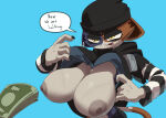 1girl absurd_res anthro areola big_breasts blue_background bra bra_lift breasts cat_ears cat_tail coolerinker earrings exposed_breasts female_focus fortnite furry hat high_res huge_breasts inker_comics inkershike meow_skulls_(fortnite) nipples partially_clothed prostitution two_tone_fur yellow_eyes