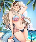  1girl 1girl 1girl alluring alternate_costume beach big_breasts bikini_top corrin_(fire_emblem) corrin_(fire_emblem)_(female) corrin_(summer)_(fire_emblem)_(female) female_only fire_emblem fire_emblem_cipher fire_emblem_fates floaty grey_hair hairband looking_at_viewer nintendo official_alternate_costume one_arm_up outside pointy_ears red_eyes shell_bikini sierra117renner solo_female swimsuit 