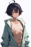  1girl black_hair dark_skin looking_at_viewer make_heroine_ga_oo_sugiru! medium_breasts nekom14 nipples no_bra open_clothes open_jacket purple_eyes short_hair tan_line tomboy white_background yakishio_lemon yakishio_remon 