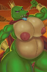  1girl 1girl anthro big_breasts breasts cape chubby_female clothing crocodilian crown donkey_kong_(series) fangs female_k_rool genderswap genitals goldcrustedchicken green_body high_res k_rool kremling mtf_crossgender multicolored_body muscular muscular_female nintendo nipples open_mouth pussy reptile scalie smile two_tone_body video_games yellow_body 