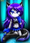 1girl 2016 accessory anthro bbmbbf blue_eyes blue_eyeshadow canid canine canis cleavage eyeshadow fan_character fingerless_gloves fishnets gloves grey_body grey_fur heeled_boots high_res long_hair mar_the_vampwolf markings mobius_unleashed multicolored_fur multicolored_tail navel necklace original_character palcomix purple_hair short_skirt skirt smirk sonic_oc sonic_the_hedgehog_(series) tail wolf