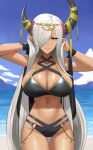  1girl absurd_res alluring alternate_costume arms_behind_head arms_up ass_visible_through_thighs asymmetrical_horns bare_shoulders beach big_breasts bikini black_bikini black_swimsuit blue_sky cleavage cloud cloudy_sky cowboy_shot dark-skinned_female dark_skin dragon_girl female_only fire_emblem fire_emblem_engage first_porn_of_character grey_horns hair_ornament hair_over_one_eye high_res horns long_hair mature mature_female nintendo ocean outside pointy_ears purple_eyes ribbon shou_illust sky smile swimsuit tan tassel tassel_hair_ornament thigh_gap very_long_hair white_hair zelestia_(fire_emblem) 