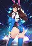  1girl 1girl absurd_res adapted_costume alluring animal_ears artist_logo artist_name ass breasts brown_eyes brown_hair closed_mouth commentary d.va d.va_(overwatch) explosion facial_mark fake_animal_ears from_behind gloves high_res kaos_art leotard lips logo long_hair long_sleeves looking_at_viewer looking_back medium_breasts night night_sky outside overwatch patreon_username shiny_skin skin_tight sky smile stockings thighs white_gloves 