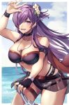  1girl absurd_res alternate_costume arm_up armband ass_visible_through_thighs bare_arms bare_shoulders big_breasts bikini black_bikini black_gloves black_swimsuit blue_sky cloud cowboy_shot day female_only fingerless_gloves fire_emblem fire_emblem:_three_houses fire_emblem_heroes fire_emblem_warriors:_three_hopes flower gloves hair_flower hair_ornament high_res long_hair nintendo ocean official_alternate_costume partial_commentary purple_eyes purple_hair reia_hana shez_(fire_emblem) shez_(fire_emblem)_(female) shez_(summer)_(fire_emblem) single_glove sky standing stomach swimsuit thigh_strap thighs very_long_hair water white_flower 