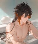  1boy alternate_hairstyle bath bathroom bathtub genshin_impact leaning_on_hand long_hair looking_at_viewer male male_only nomune solo_focus water wet_hair zhongli_(genshin_impact) 