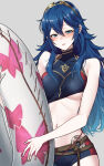 1girl 1girl 1girl alluring alternate_costume ameno_(a_meno0) animal_print bare_arms bare_shoulders bikini blue_bikini blue_eyes blue_hair blue_swimsuit blush brand_of_the_exalt butterfly_print female_only fire_emblem fire_emblem_awakening fire_emblem_cipher grey_background holding holding_swim_ring inflatable_toy innertube long_hair looking_at_viewer lucina lucina_(fire_emblem) medium_breasts navel nintendo official_alternate_costume simple_background swim_ring swimsuit symbol-shaped_pupils tiara under_boob very_long_hair wardrobe_malfunction