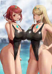  2_girls absurd_res alluring asymmetrical_docking beach big_breasts black_one-piece_bikini blonde_hair blurry blurry_background breast_press choker circlet cleavage closed_mouth cloud cloudy_sky collarbone competition_swimsuit core_crystal_(xenoblade) covered_erect_nipples covered_navel earrings grey_sky hand_on_own_hip high_res highleg jewelry long_hair looking_at_viewer medium_hair multiple_girls mythra one-piece_bikini open_mouth outside pyra red_choker red_eyes red_hair sky smile swept_bangs swimsuit symmetrical_docking very_long_hair water white_choker xenoblade_(series) xenoblade_chronicles_2 yamamori_kinako yellow_eyes yuri 