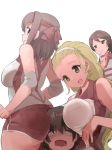  4girls :d @_@ ass blonde_hair breast_press breasts brown_eyes brown_hair girls_und_panzer gym_shorts gym_uniform hair_slicked_back hairband harepore head_on_butt isobe_noriko kawanishi_shinobu kondou_taeko large_breasts multiple_girls open_mouth sasaki_akebi short_hair simple_background sleeveless smile sportswear volleyball_uniform white_background yuri 