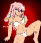  1girl 1girl 2000s anime anime_girl anime_style bandages bat_blood bra bra_strap bra_strap_down bruised bruises bunny_ears bunny_girl digital_drawing_(artwork) digital_media_(artwork) legs_apart legs_spread long_hair nosebleed panties pink_hair pretty_blood purple_eyes rina_pompom_(pretty_blood) scars scars_on_body tear tearing_up 