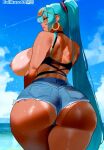  1girl _evilkuro05 ai_generated alluring aqua_hair artist_name ass ass_focus beach big_ass big_breasts booty_shorts bra brazilian brazilian_miku breasts curvy cyan_eyes cyan_hair dat_ass dumptruck_ass exposed_breasts eyelashes fat_ass from_behind gigantic_ass high_res hoop_earrings huge_ass huge_breasts legs long_hair looking_at_viewer looking_back miku_hatsune outside parted_lips partially_clothed pawg ponytail sexy short_shorts shorts slut sunglasses_on_head tan tan_line thick_ass thick_thighs toned vocaloid wide_ass wide_hips 