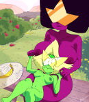  1girl 2_girls 2d alien_girl big_breasts cartoon_network casual coolerinker eyewear garnet_(steven_universe) gem_(species) green_body green_skin headwear high_resolution inker_comics inkershike multiple_girls nipples nude_female peridot_(steven_universe) smile solo_female steven_universe tagme very_high_resolution 