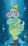 1girl air_bubbles animal_crossing anthro ass boots breast bubble_butt bubbles canine clothed dat_ass domestic_dog dress female furry ga-bi17 holding_breath huge_ass isabelle_(animal_crossing) looking_at_viewer nintendo no_panties no_underwear ocean plump puffed_cheeks sea shih_tzu solo standing tail thick_thighs underwater water