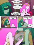 2_girls adventure_time breasts cartoon_network comic coolerinker english_text ffm_threesome finn_the_human green_hair huntress_wizard inker_comics inkershike kissing multiple_girls page_4 page_number pink_hair princess_bubblegum threesome yuri