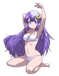 1girl armpits arms_up bare_legs bare_shoulders barefoot bikini blue_eyes bow breasts cleavage crescent crescent_hair_ornament female front-tie_top hair_bow hair_ornament iwatobi_hiro iwatobihiro long_hair looking_at_viewer navel no_hat no_headwear patchouli_knowledge payot pose posing purple_hair shiny shiny_skin sidelocks simple_background solo swimsuit touhou very_long_hair white_background