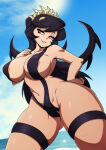  1girl absurd_res bikini breasts cloud colored_sclera cowboy_shot curvy eyelashes eyeshadow fangs female_focus filia_(skullgirls) glowing glowing_eyes grin hand_on_own_chest hand_on_own_hip high_res long_hair looking_down makeup navel nipples nose nude ocean sharp_teeth shiny_skin skindentation skullgirls sky smile solo_focus source_request sun swimsuit teeth thick_thighs thighs wide_hips yellow_sclera 