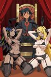 1boy 2_girls ash_ketchum big_breasts black_hair blonde_hair blue_eyes brown_eyes cleavage clothed_male cynthia dark-skinned_female ebonization geeta_(pokemon) light_skin lingerie nintendo pants pokemon pokemon_(anime) tuxedo yxyyxy