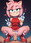 1girl ai_generated amy_rose anthro clothed_sex cum double_v girl_on_top green_eyes happy heart human_on_anthro male/female nude_male_clothed_female penis_in_pussy pink_body sega sonic_the_hedgehog_(series) stable_diffusion straight v vaginal vaginal_penetration