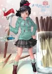   1girl black_hair boots breasts candy glitch green_eyes grin hair_ornament hand_on_hip hat hoodie kawacy_(artist) long_hair mismatched_legwear pleated_skirt pocky ponytail santa_hat scrunchie skirt smile snowflakes snowing socks striped striped_legwear vanellope_von_schweetz watermark web_address wreck-it_ralph  