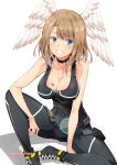  1girl 1girl alluring big_breasts blue_eyes blush boots breast_tattoo choker cleavage commentary_request eunie_(xenoblade) head_wings high_res izumi_mahiru light_brown_hair looking_at_viewer medium_hair sitting smile tattoo white_wings wings xenoblade_(series) xenoblade_chronicles_3 