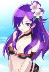  1girl alluring alternate_costume bikini cleavage female_only fire_emblem fire_emblem:_three_houses fire_emblem_heroes fire_emblem_warriors:_three_hopes flower_in_hair hair_over_one_eye looking_at_viewer medium_breasts n_54 nintendo official_alternate_costume purple_eyes purple_hair shez_(fire_emblem) shez_(fire_emblem)_(female) shez_(summer)_(fire_emblem) swimsuit 