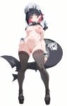  1girl big_ass big_breasts black_hair cute ellen_joe maid_uniform platform_shoes red_hair seductive shark_girl short_hair tail tail_bite tattoo thighs yinori_(artist) 