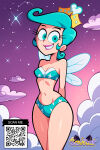 1girl 1girl 1girl ai_generated aqua_bikini aqua_eyes aqua_hair arms_behind_back bare_shoulders bikini blue_bikini breasts clothing cloud cloudy_sky crown fairy fairy_wings grin headwear jewelry littlehentai looking_at_viewer navel parted_lips savitar sky small_breasts smile star_(sky) swimsuit wings