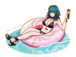  1girl 1girl 1girl alluring alternate_costume bikini black_bikini black_footwear black_swimsuit blue_eyes breasts byleth_(fire_emblem) byleth_(fire_emblem)_(female) byleth_(summer)_(fire_emblem)_(female) cleavage female_only fire_emblem fire_emblem:_three_houses fire_emblem_heroes looking_at_viewer nintendo official_alternate_costume rein_creamsoda sandals swimsuit teal_hair 