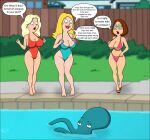  american_dad bikini blonde blonde_hair brown_hair brunette cameltoe dialogue dialogue_box erect_nipples family_guy francine_smith glasses lana_lockhart meg_griffin octopus pool sexfightfun smile smiley_face swimsuit tentacle tentacles threesome yuri 