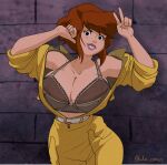  1girl april_o&#039;neil april_o&#039;neil_(tmnt_1987) belt big_breasts bra breasts cleavage clothed exposed_breasts female_only freckles grey_bra huge_breasts inker_comics inkershike jumpsuit open_clothes open_shirt picot_trim picot_trim_bra red_hair short_hair solo_female teenage_mutant_ninja_turtles teenage_mutant_ninja_turtles_(1987) tmnt tmnt_1987 top_heavy v yellow_jumpsuit 