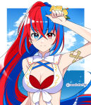 1girl 1girl alear_(female)_(fire_emblem) alear_(female)_(seaside_dragon)_(fire_emblem) alear_(fire_emblem) alluring bikini blue_bikini blue_eyes blue_hair cleavage criss-cross_halter crossed_bangs fire_emblem fire_emblem_engage fire_emblem_heroes gold_armlet halterneck heterochromia komurice long_hair multicolored_bikini multicolored_clothes multicolored_hair nintendo official_alternate_costume official_alternate_hairstyle ponytail red_bikini red_eyes red_hair split-color_hair swimsuit two-tone_hair very_long_hair white_bikini