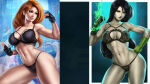 2_girls abs action_pose aged_up alluring athletic_female big_breasts black_hair bra child_bearing_hips dandon_fuga disney female_abs female_focus female_only fingerless_gloves fit_female ginger_hair gloves green_eyes green_skin hips kim_possible kimberly_ann_possible lingerie long_hair looking_at_viewer mature mature_female panties pin_up shego smile stockings thick_thighs thighs tight_fit toned toned_female underwear