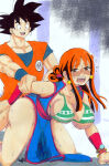 arms_held_back big_breasts blush chichi crossover doggy_position dragon_ball drool_on_face drooling fucked_from_behind fucked_senseless fucked_silly fusion male/female namchi nami on_knees one_piece orange_hair post-timeskip potara_earrings pussy_juice pussy_juice_drip red_hair son_goku tan_boku_shiiku wet wet_panties wet_pussy