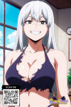 1girl ai_generated bangs bare_shoulders big_breasts bikini black_eyes blue_sky breasts bright_pupils clavicle cleavage clock clothing cloud day ear_piercing earrings female_only grey_eyes grin indoors jewelry littlehentai long_hair looking_at_viewer navel purple_bikini qr_code rei_todoroki savitar sky smile stud_earrings swimsuit teeth torn_clothes upper_body white_hair white_pupils window