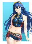 1girl absurd_res alluring artist_name bare_shoulders belt blue_eyes blue_hair border brand_of_the_exalt cowboy_shot crop_top fellatio fire_emblem fire_emblem_awakening fire_emblem_cipher hair_between_eyes high_res iamerror14 long_hair looking_at_viewer lucina lucina_(fire_emblem) medium_breasts midriff navel nintendo official_alternate_costume short_shorts shorts simple_background smile string swimsuit tiara twitter_username white_border