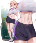  1futa 1girl absurd_res bar_censor bare_legs bare_shoulders big_breasts blonde_hair blush breasts bulge censored clenched_hands close-up commentary covered_erect_nipples covered_penis crotch_focus embarrassed english_commentary erection erection_under_clothes from_below futanari high_res jogging lamp159568 legs_together long_hair midriff multicolored_shoes multiple_views navel no_socks one_leg_raised original outside park penis penis_peek pink_eyes running see-through_clothes see-through_sports_bra shiny_skin shoes short_shorts shorts sneakers sports_bra stomach sweat tomboy toned tree two-tone_bra two-tone_shorts upshorts watermark white_sports_bra 