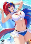  1girl alear_(female)_(fire_emblem) alear_(female)_(seaside_dragon)_(fire_emblem) alear_(fire_emblem) alluring big_breasts bikini blue_bikini blue_eyes blue_hair cleavage crossed_bangs fire_emblem fire_emblem_engage fire_emblem_heroes heterochromia high_res kaos_art long_hair multicolored_clothes multicolored_hair nintendo official_alternate_costume official_alternate_hairstyle ponytail red_bikini red_eyes red_hair split-color_hair swimsuit two-tone_hair very_long_hair white_bikini 