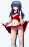 1girl bare_arms bare_midriff blue_eyes blue_hair blush cheerleader cheerleader_outfit cheerleader_uniform dawn dawn_(pokemon) female female_human female_only hikari_(pokemon) human human_only long_hair looking_at_viewer midriff navel panties pokemon pokemon_(anime) skirt skirt_lift skirt_lifted_by_self sleeveless solo standing striped striped_panties tsumitani_daisuke underwear upskirt