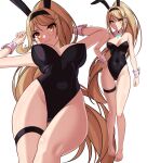 1girl alluring animal_ears arms_up artist_name barefoot big_breasts black_leotard blonde_hair blush chest_jewel cowboy_shot detached_collar fake_animal_ears full_body gluteal_fold groin hand_on_own_thigh high_res highleg highleg_leotard leotard long_hair looking_at_viewer lying multiple_views mythra nintendo on_back ponytail rabbit_ears sidelocks simple_background smile standing strapless strapless_leotard swept_bangs thigh_strap very_long_hair white_background wrist_cuffs x_xith_x xenoblade_(series) xenoblade_chronicles_2 yellow_eyes