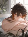  1boy alternate_hairstyle bath bathing bathroom bathtub crossed_arms genshin_impact long_hair male male_only nomune pixiv_sample soap_bubbles solo solo_focus solo_male wet wet_hair zhongli_(genshin_impact) 