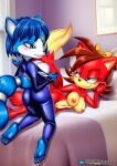 2girls bbmbbf blue_fur blue_hair blush feet fiona_fox krystal looking_at_another mobius_unleashed nintendo palcomix red_fur red_hair sega soles sonic_the_hedgehog_(series) star_fox toes undressing